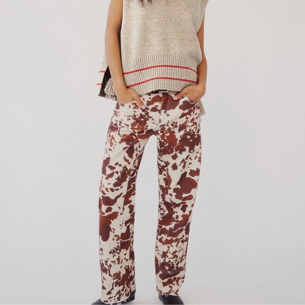 FREE PEOPLE We The Free Risk Taker High Rise Straight Leg Jeans Cow Print - Picture 3 of 11